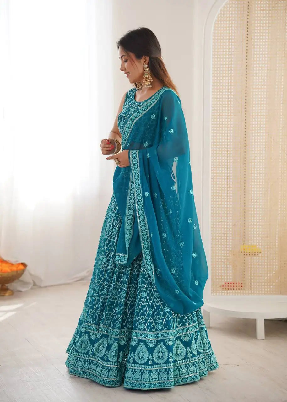 Light Sea Green Thread Embroidered Lehenga – Sequins Work, Faux Georgette, 3.5M Flair Kalyanja